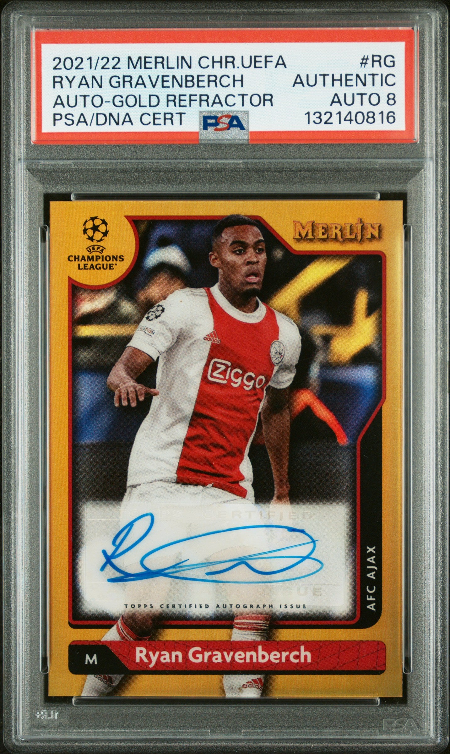 2021–22 Topps Merlin Chrome UEFA Ryan Gravenberch Gold Refractor Autograph (1/50) (PSA 8)