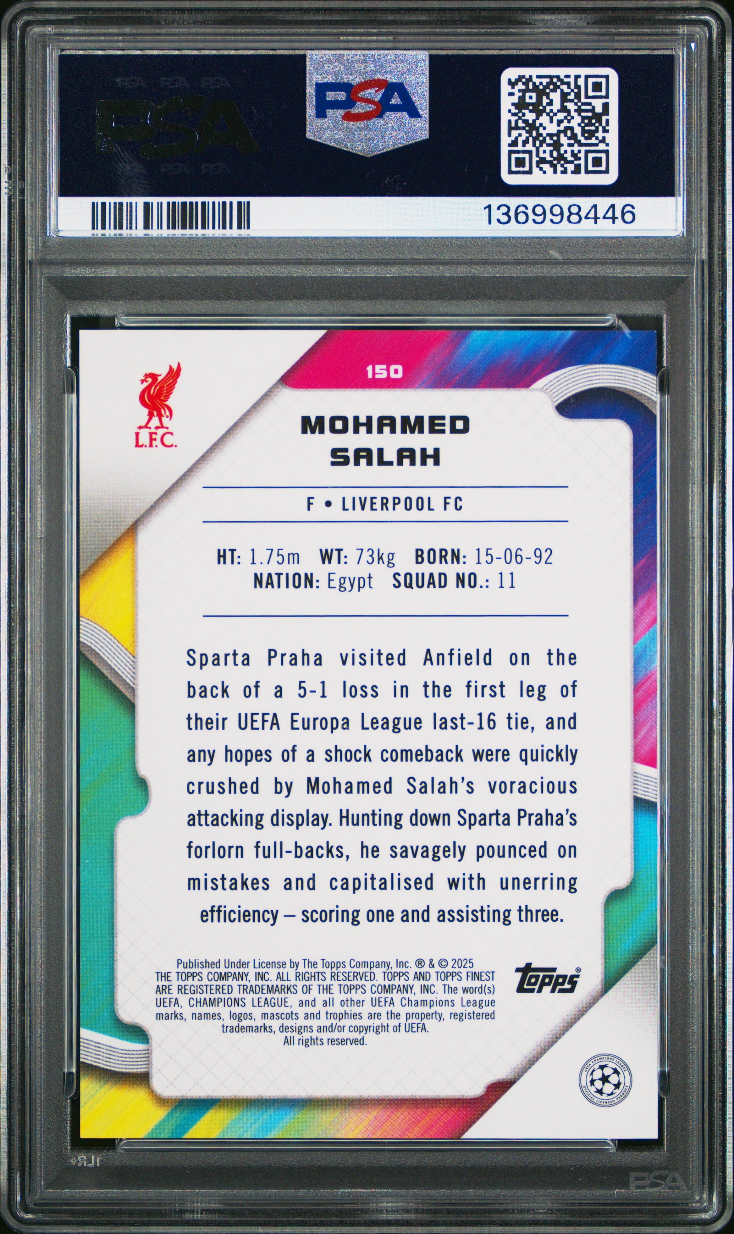 2024–25 Topps Finest UEFA Club Competitions Green Refractor Mohamed Salah (1/99) (PSA 10)