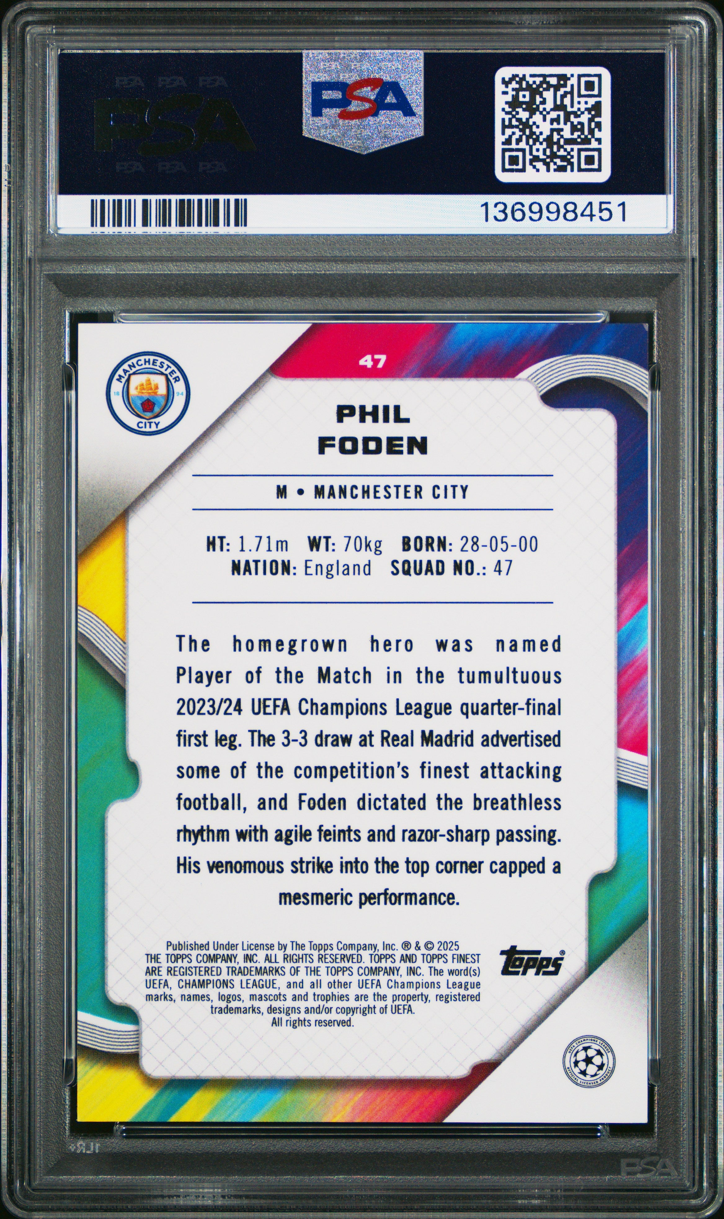 2024–25 Topps Finest UEFA Club Competitions Rose Gold Mini Diamond Phil Foden (1/50) (PSA 9)