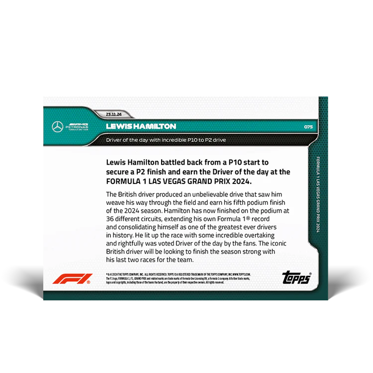 Lewis Hamilton - Driver of the day with incredible P10 to P2 drive - 2024 Formula 1® Topps NOW® Teal (PSA 10)