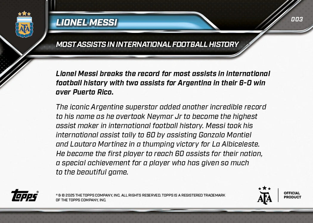 Topps NOW 2025 Lionel Messi Most Assists Internationally Trading Card