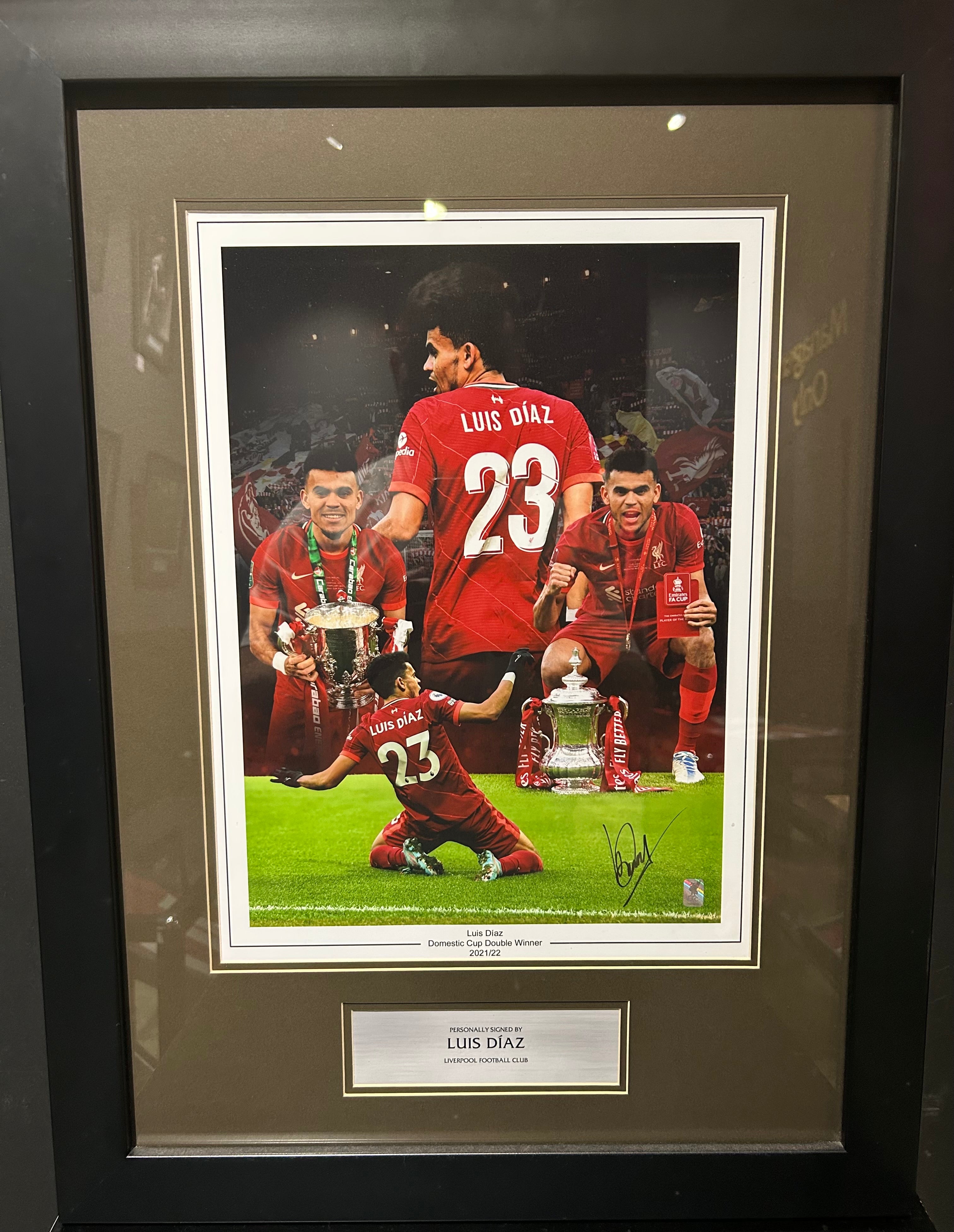 Luis Díaz Signed Liverpool FC "Domestic Double" Tribute Image (Framed)