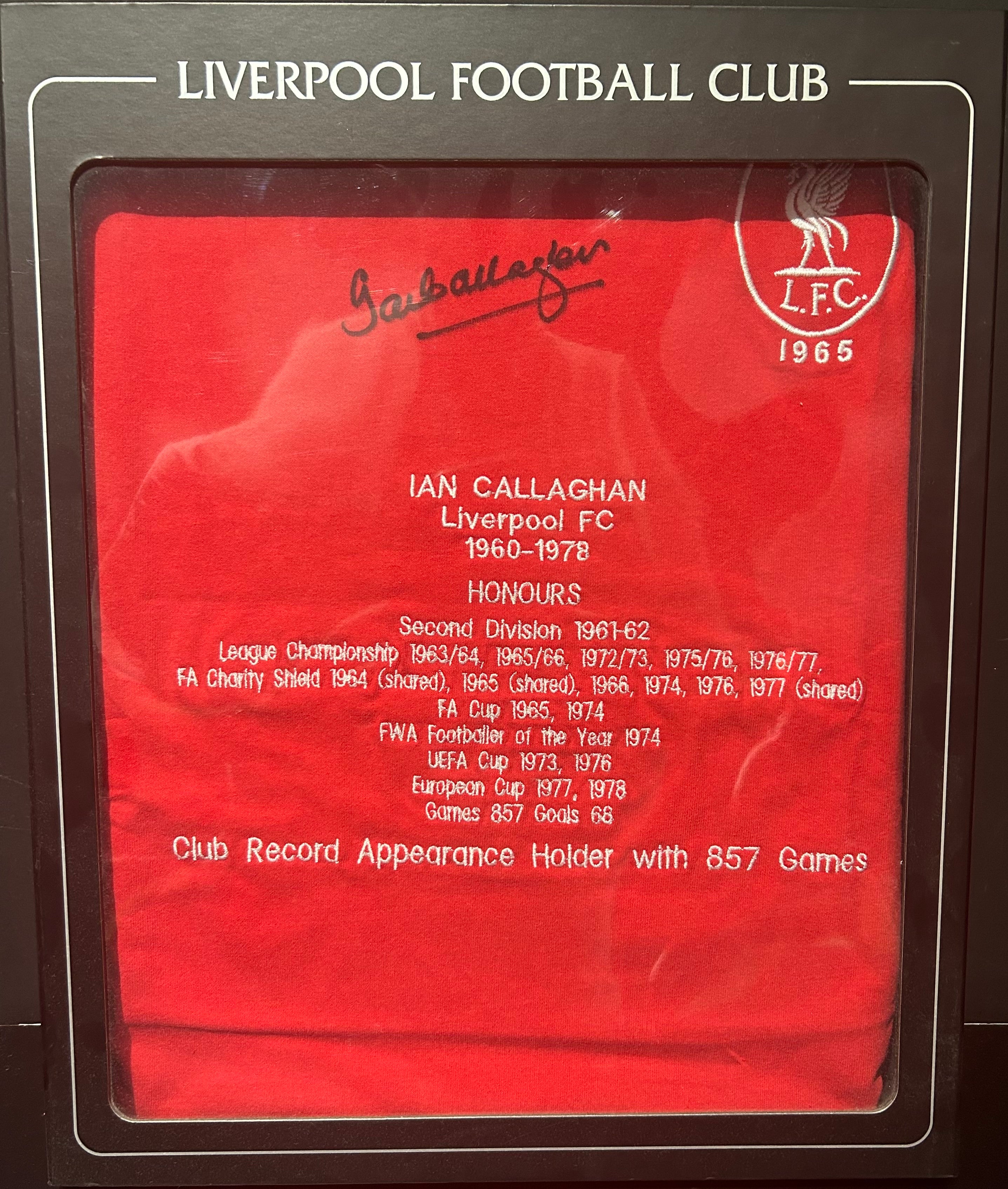 Ian Callaghan Signed Liverpool FC "Record Breaker" Tribute Shirt (Boxed)