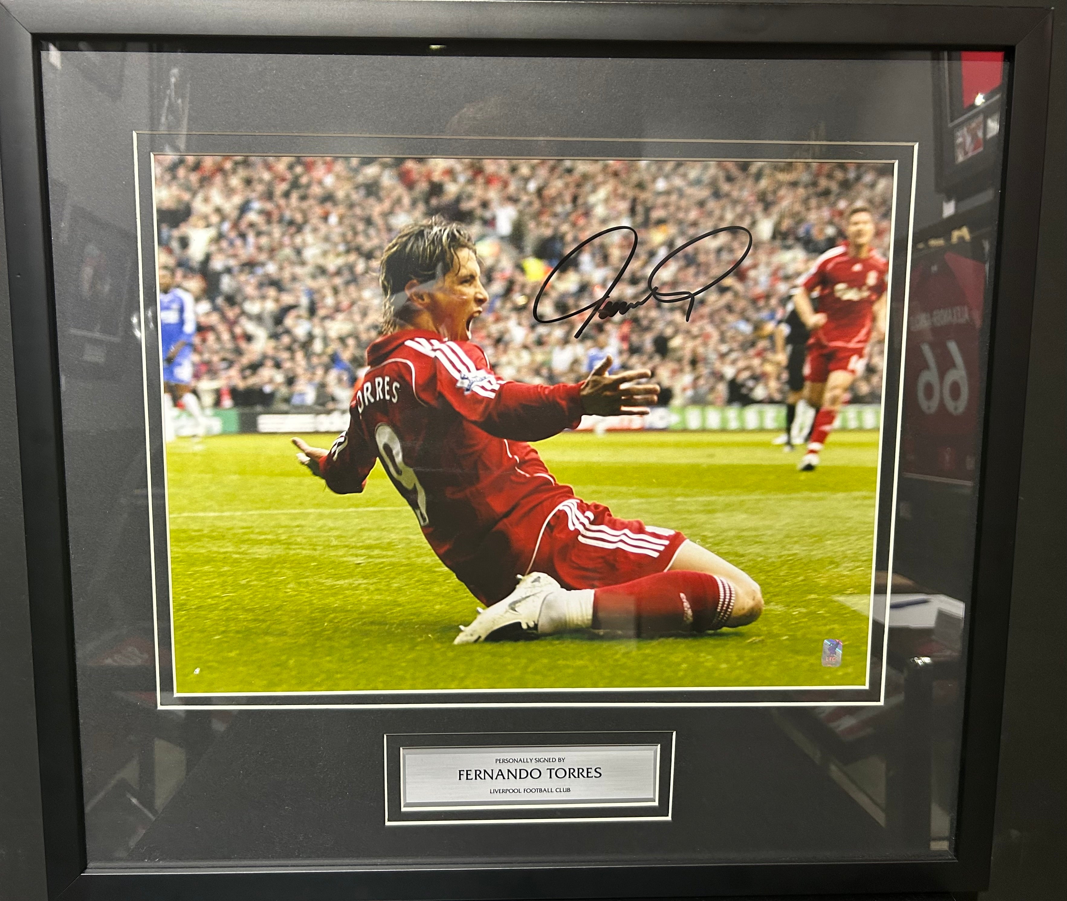 Fernando Torres Signed Liverpool FC Knee Slide Image (Framed)