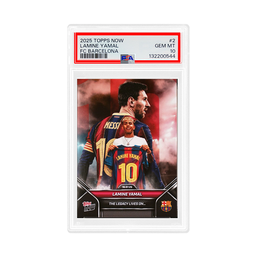 Topps NOW Lamine Yamal & Lionel Messi Legacy 2025 FC Barcelona Trading Card (PSA 10)
