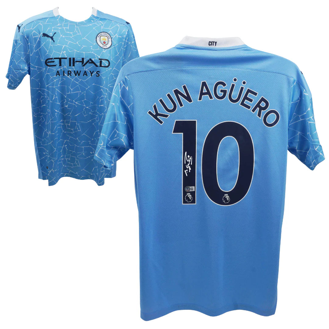 SERGIO AGUERO SIGNED MANCHESTER CITY HOME SOCCER JERSEY #10 WITH BECKETT COA