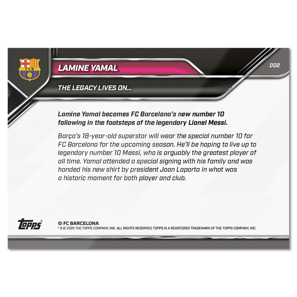 Topps NOW Lamine Yamal & Lionel Messi Legacy 2025 FC Barcelona Trading Card (PSA 10)
