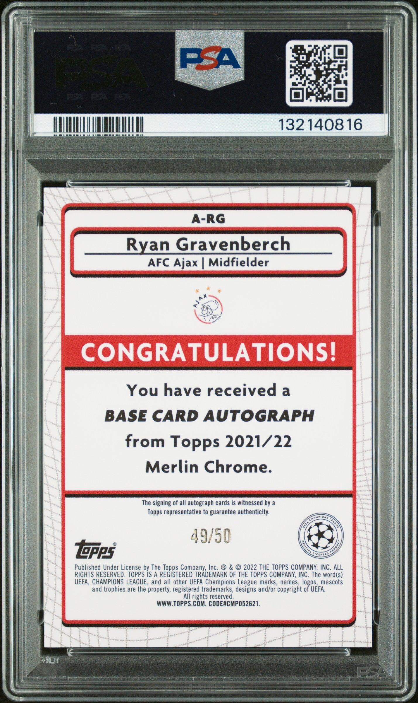 2021–22 Topps Merlin Chrome UEFA Ryan Gravenberch Gold Refractor Autograph (1/50) (PSA 8)