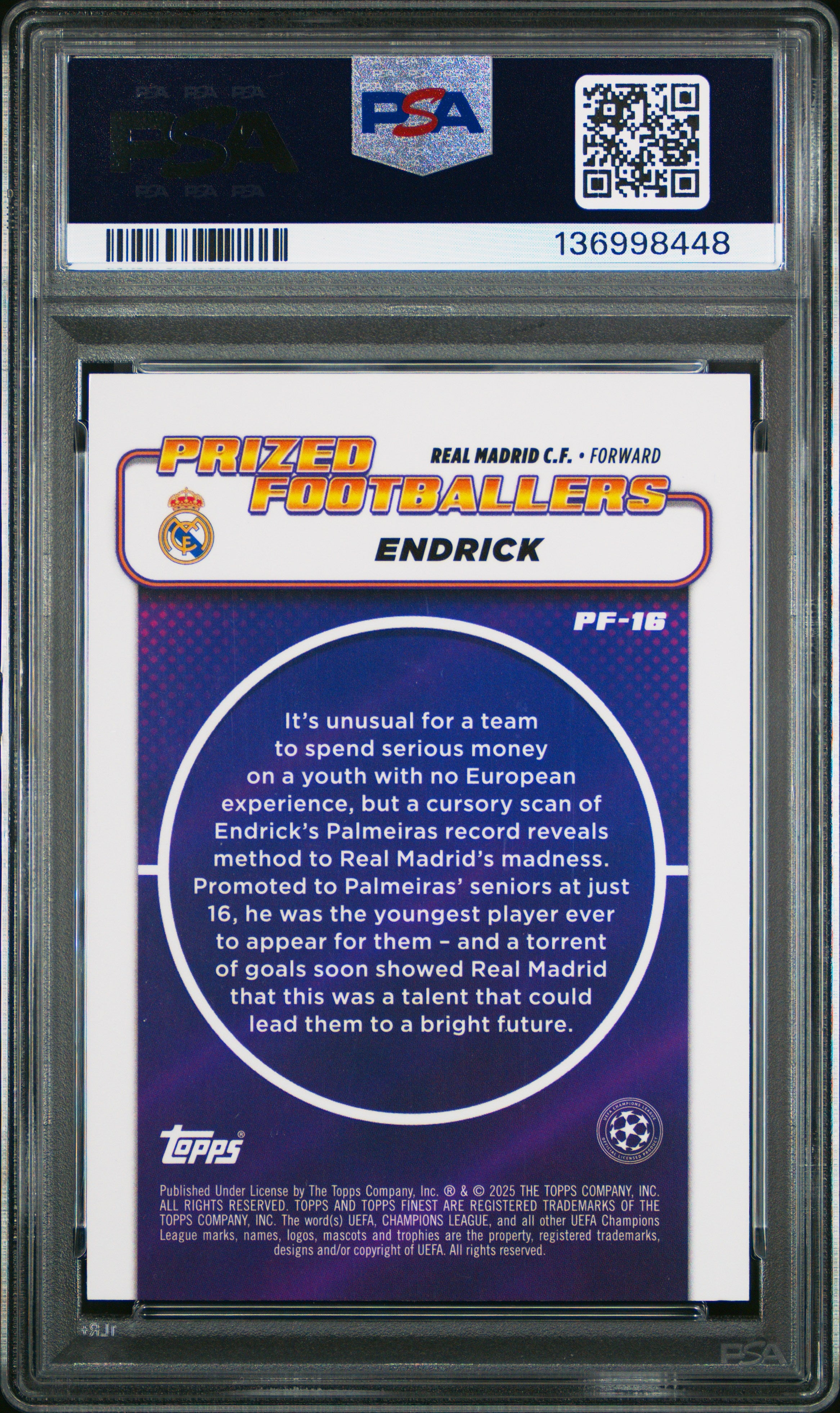 2024–25 Topps Finest UCC Prized Footballers Endrick Rookie Card (PSA 10)