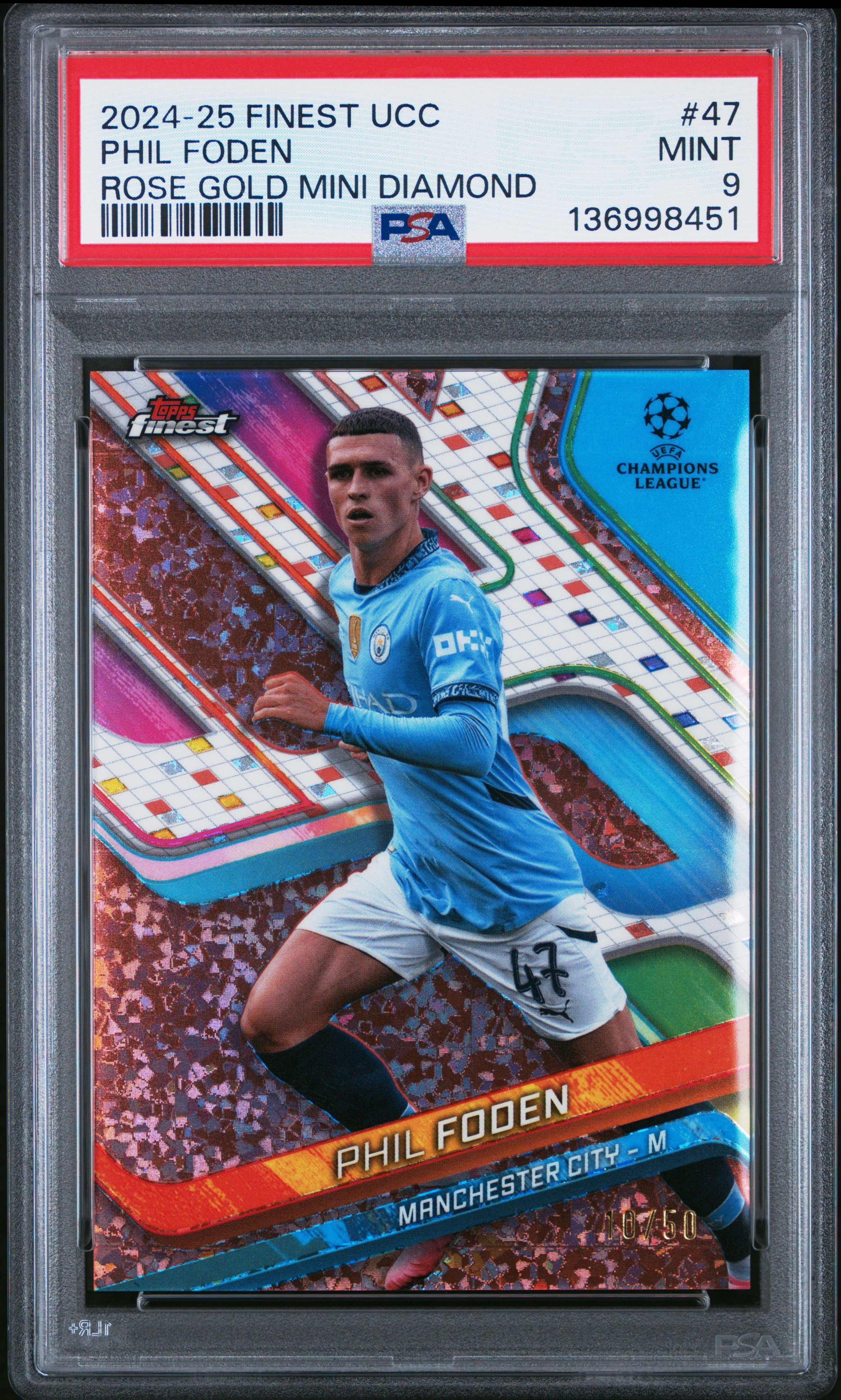 2024–25 Topps Finest UEFA Club Competitions Rose Gold Mini Diamond Phil Foden (1/50) (PSA 9)