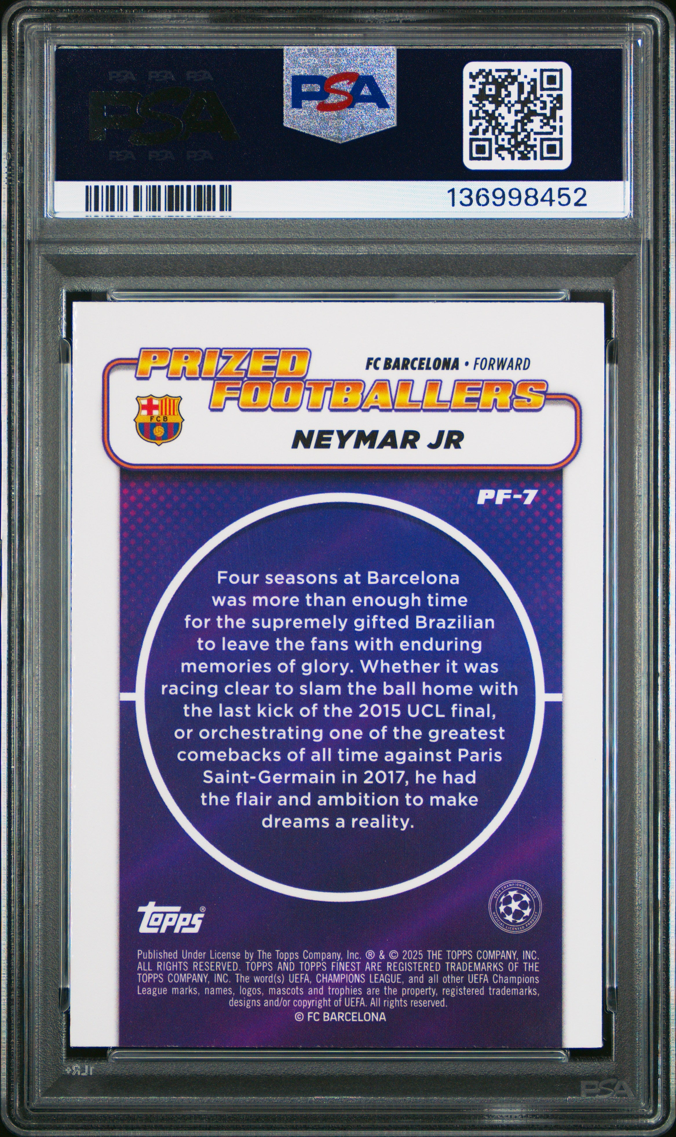 2024-25 Topps Finest Prized Footballers Neymar Jr Prized Purple Refractor (PSA 9)