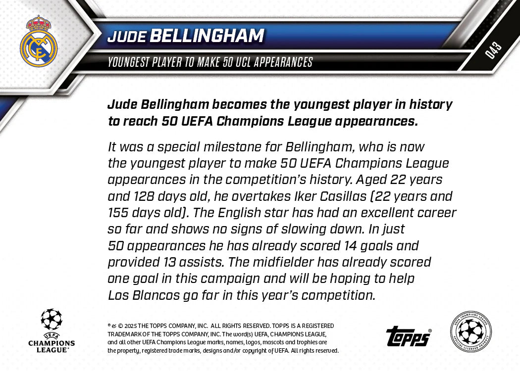 Topps NOW 2025 Jude Bellingham 50 UCL Appearances Trading Card
