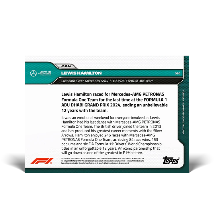 Lewis Hamilton - Last dance with Mercedes-AMG Petronas Formula One Team - 2024 Formula 1® Topps NOW® Teal (PSA 9)