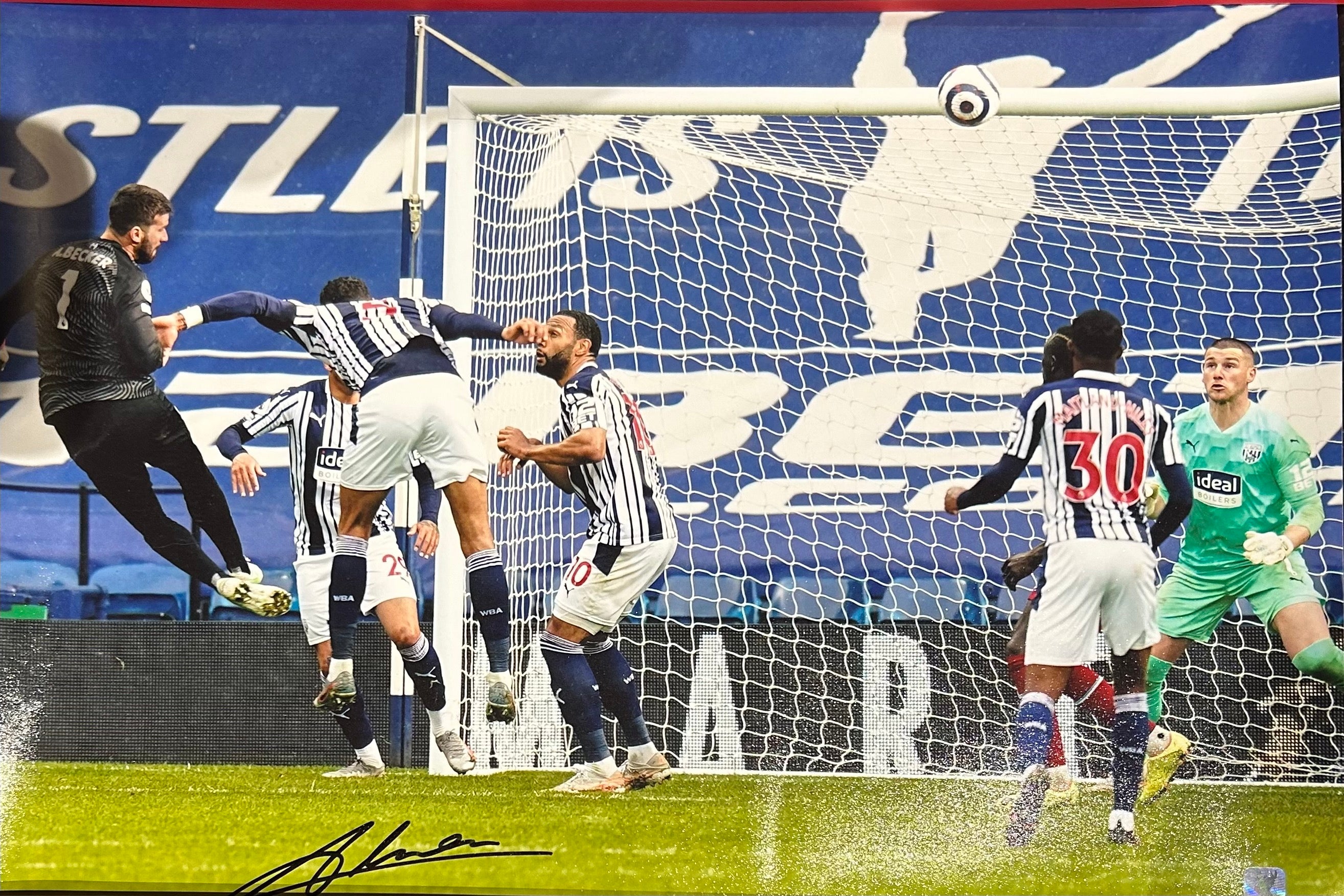 Alisson Becker Signed "The Miracle Header" image – Liverpool vs West Brom 2021 (Unframed))