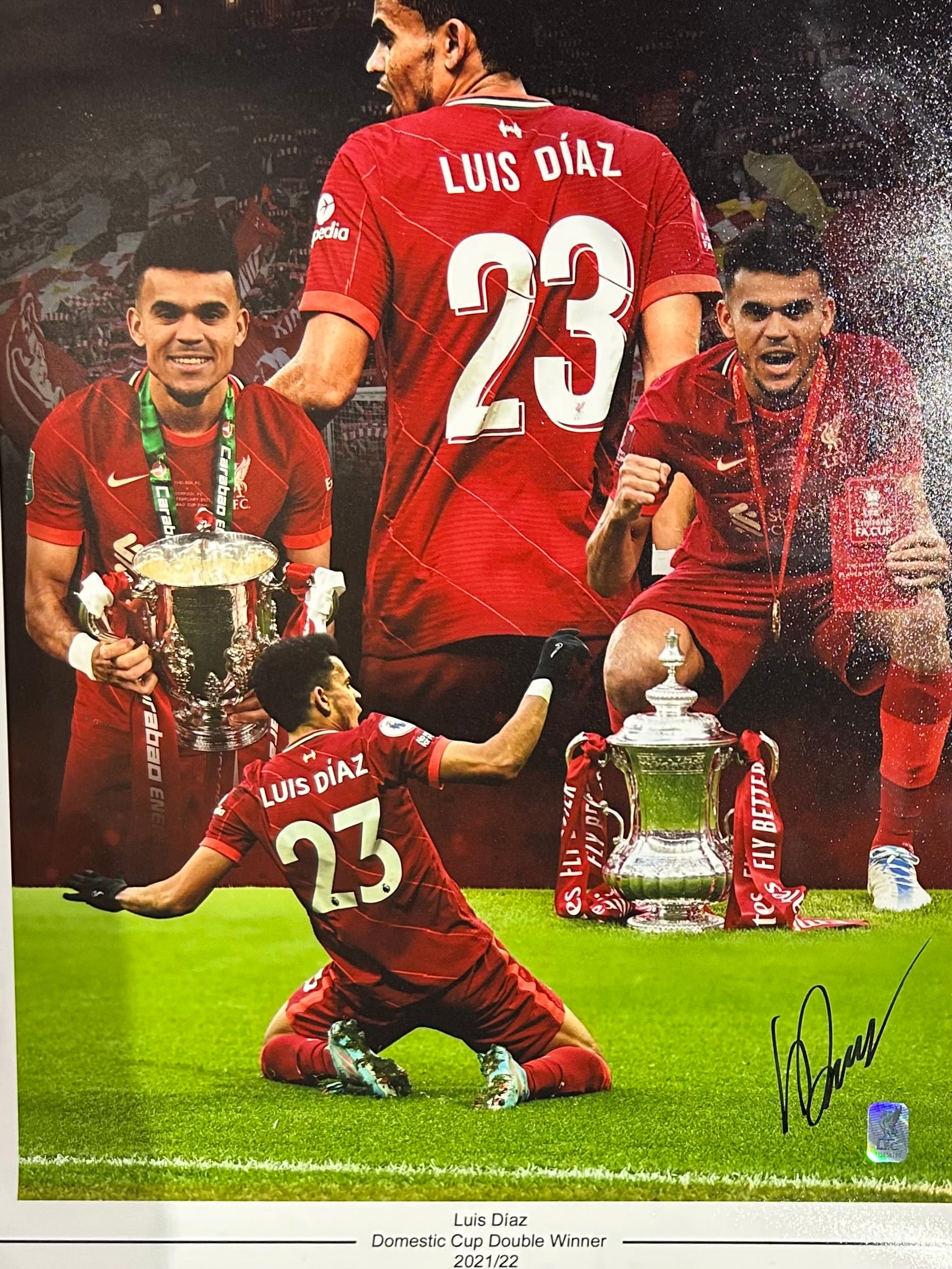 Luis Díaz Signed "Domestic Cup Double" Tribute Photo – 2021/22 Winners (Unframed)