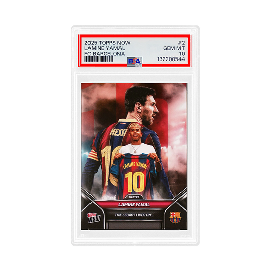 Topps NOW Lamine Yamal & Lionel Messi Legacy 2025 FC Barcelona Trading Card (PSA 10)