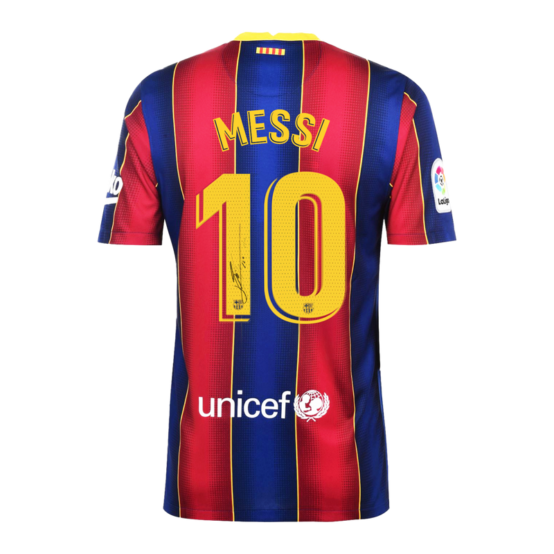 MATCH ISSUE Lionel Messi Official FC Barcelona Back Signed 2020-21 Home Shirt (Framed) - The Bootroom Collection