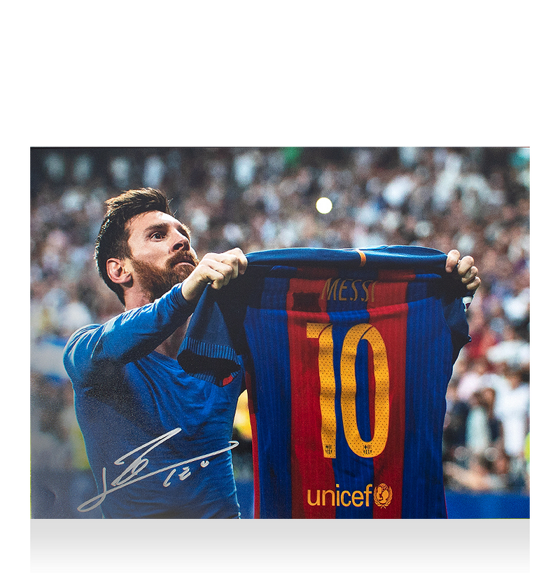 Lionel Messi Official FC Barcelona Signed Photo: Iconic Clasico Celebration (Framed) - The Bootroom Collection