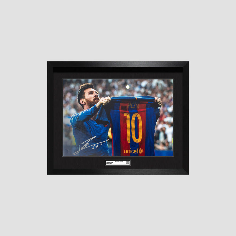 Lionel Messi Official FC Barcelona Signed Photo: Iconic Clasico Celebration (Framed) - The Bootroom Collection