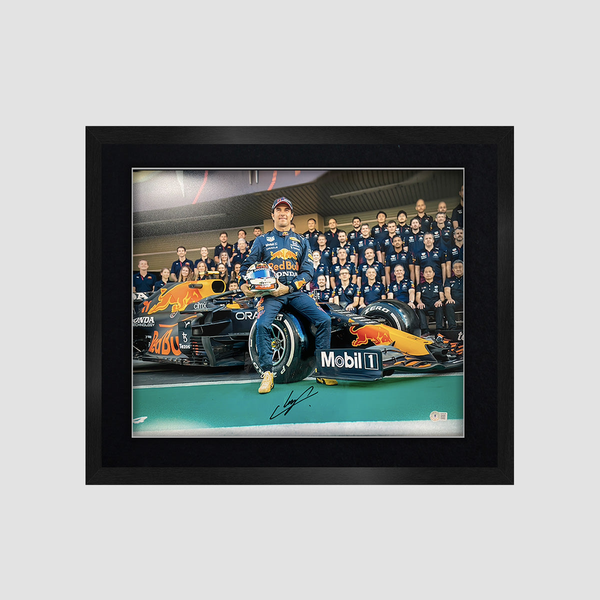 Sergio Perez Signed Red Bull Racing 16x20 Sitting Racing Photo (Framed)