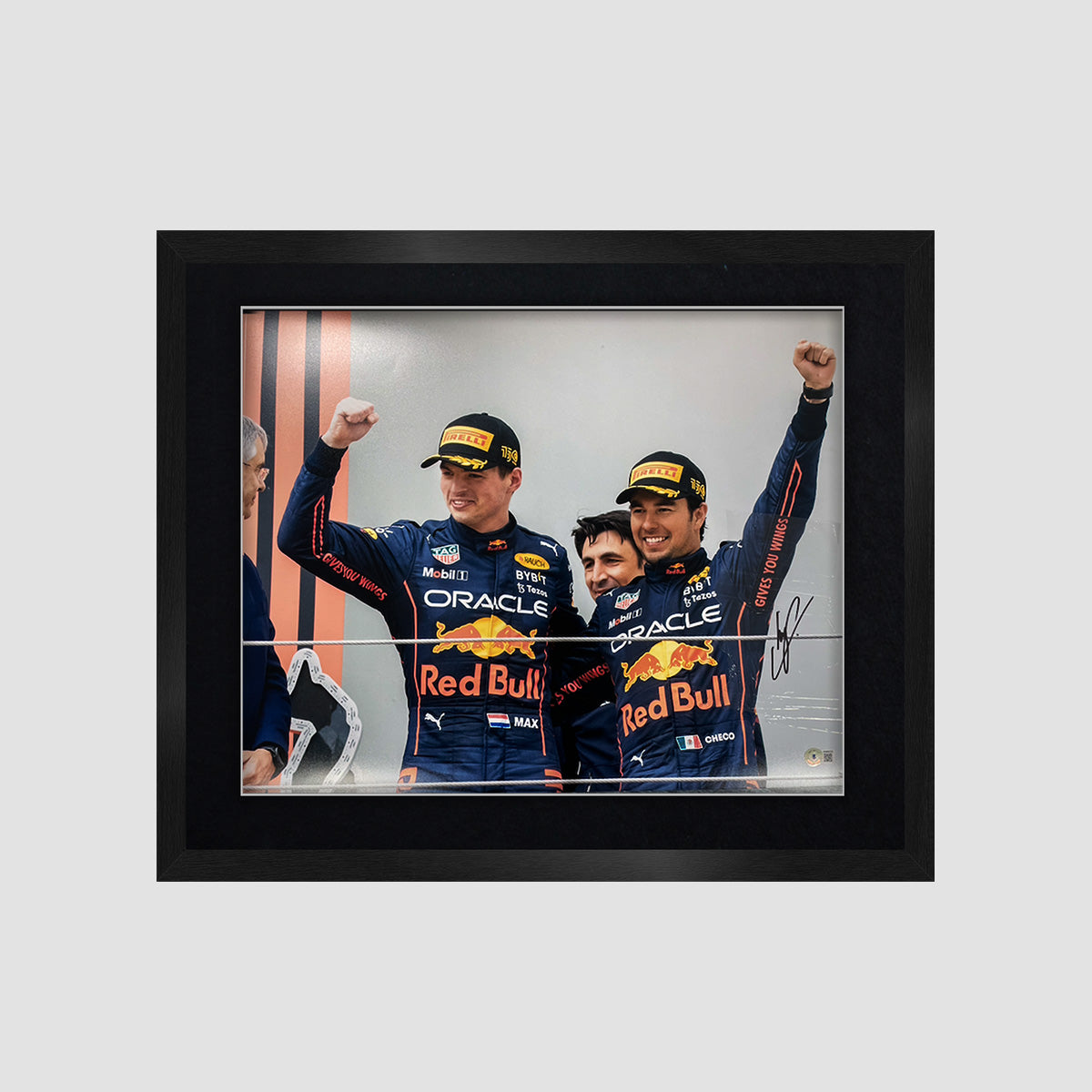 Sergio Perez Signed Photo - Celebration With Max Verstappen (Framed)
